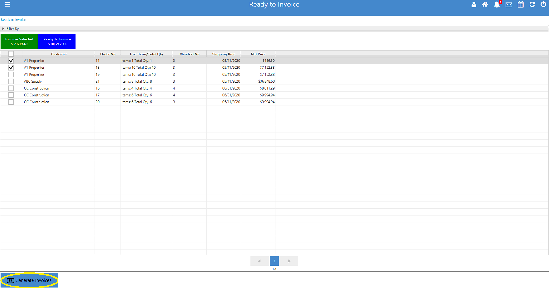 orders and click generate invoice